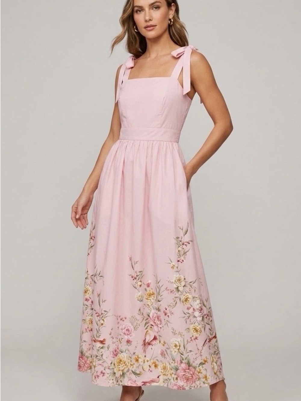 Joie Pink Lark Floral Smocked Midi Dress Tie Straps Square Neck Romantic